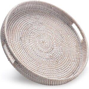 13.8 inch Round Rattan Tray, Decorative Coffee Table Tray, Ottoman Tray, Woven